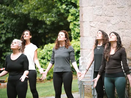 Un grupo del retiro mira al cielo en el jardín, al aire libre